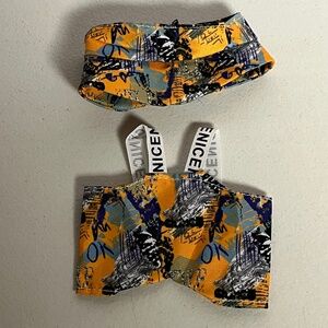 Designer Graffiti Overalls Bucket Hat 2 Piece Outfit For Labubu Orange Blue